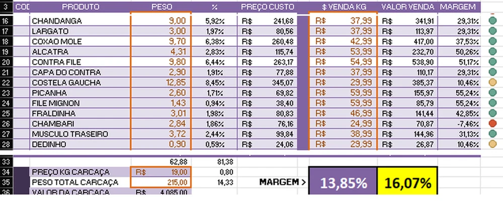 Print real da planilha bovina com rendimento e margem por corte